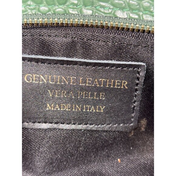 Vera Pelle Green Croc-Embossed Genuine Leather Handbag With Top Handle & Gold Ch - Picture 8 of 8